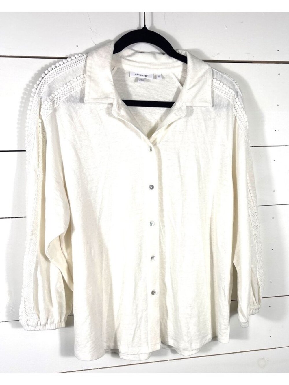 Chicos Linen 3/4 Sleeve Button-Down Top With Lace Detail In Alabaster Size 2 US
